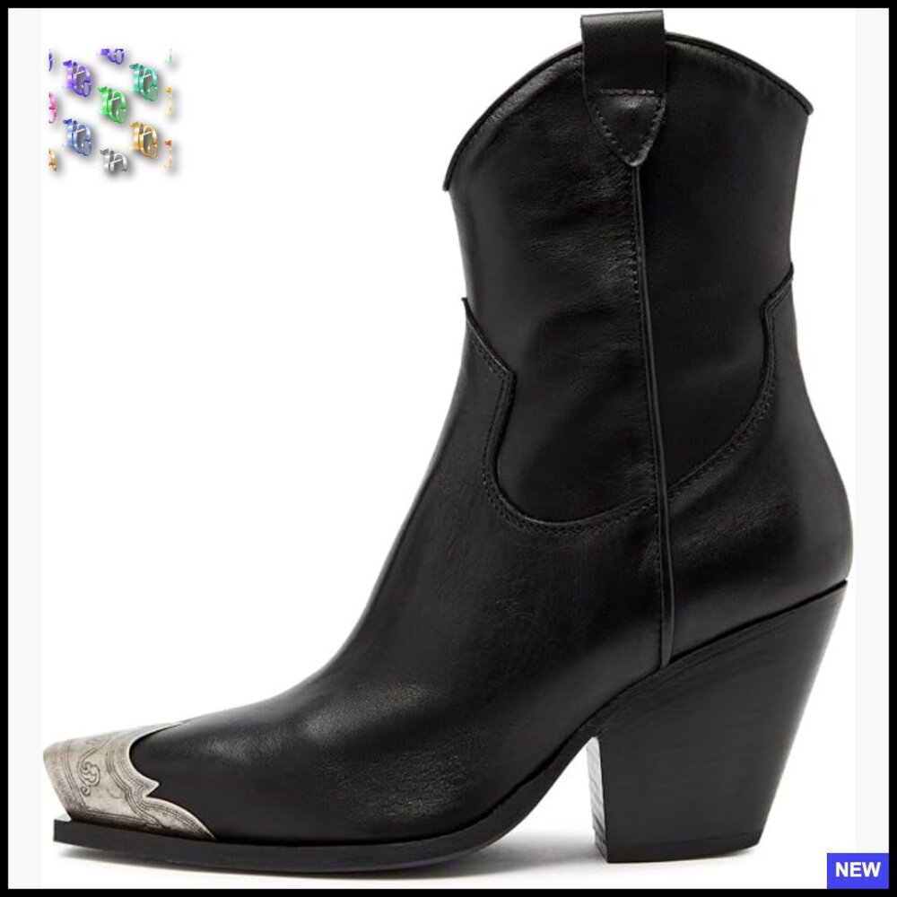 Western Cowgirl Ankle Boots Stacked Heel Steel Toe Cowboy Booties Side Zipper